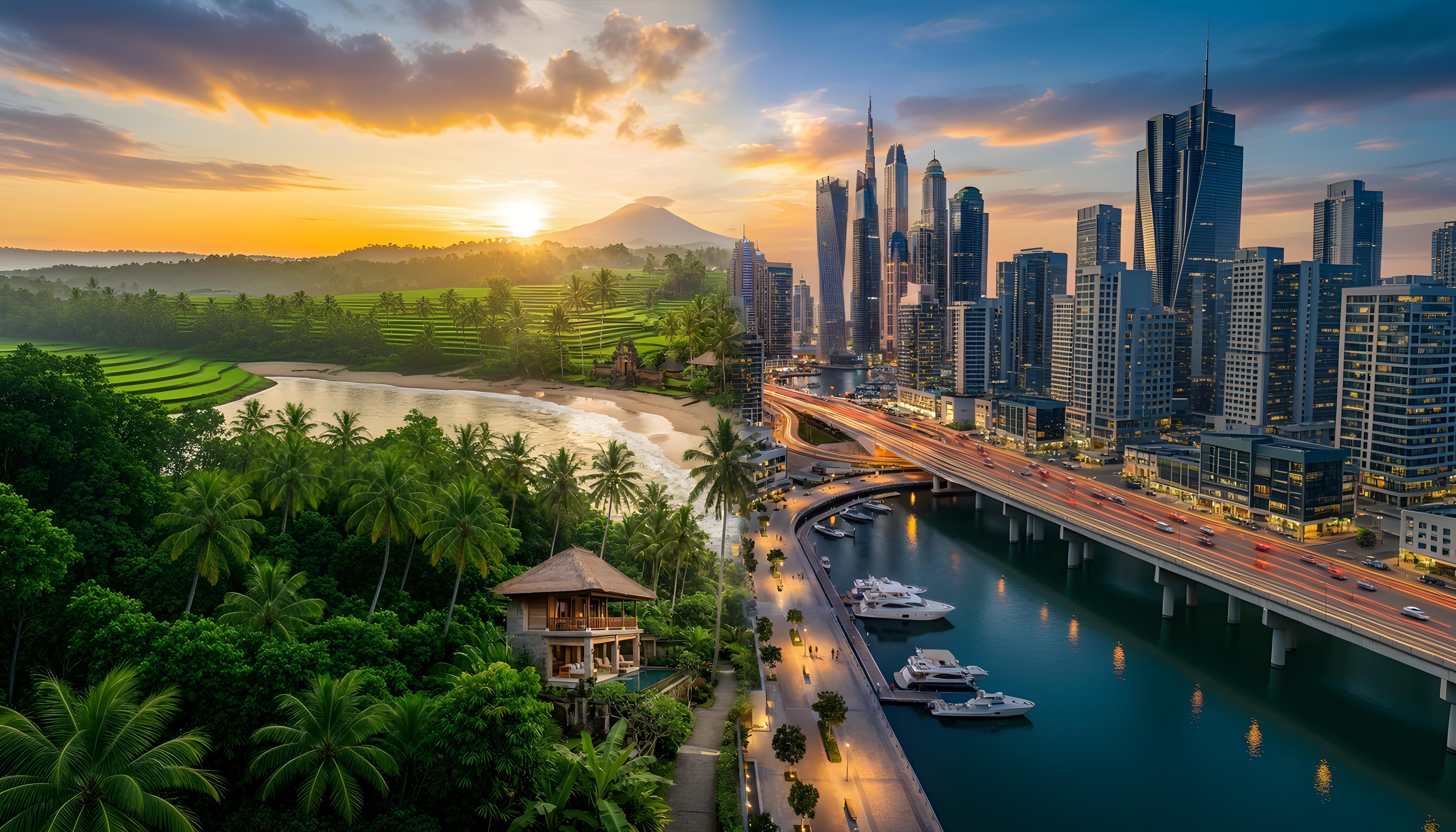 Split scene Bali and Dubai skyline at sunset